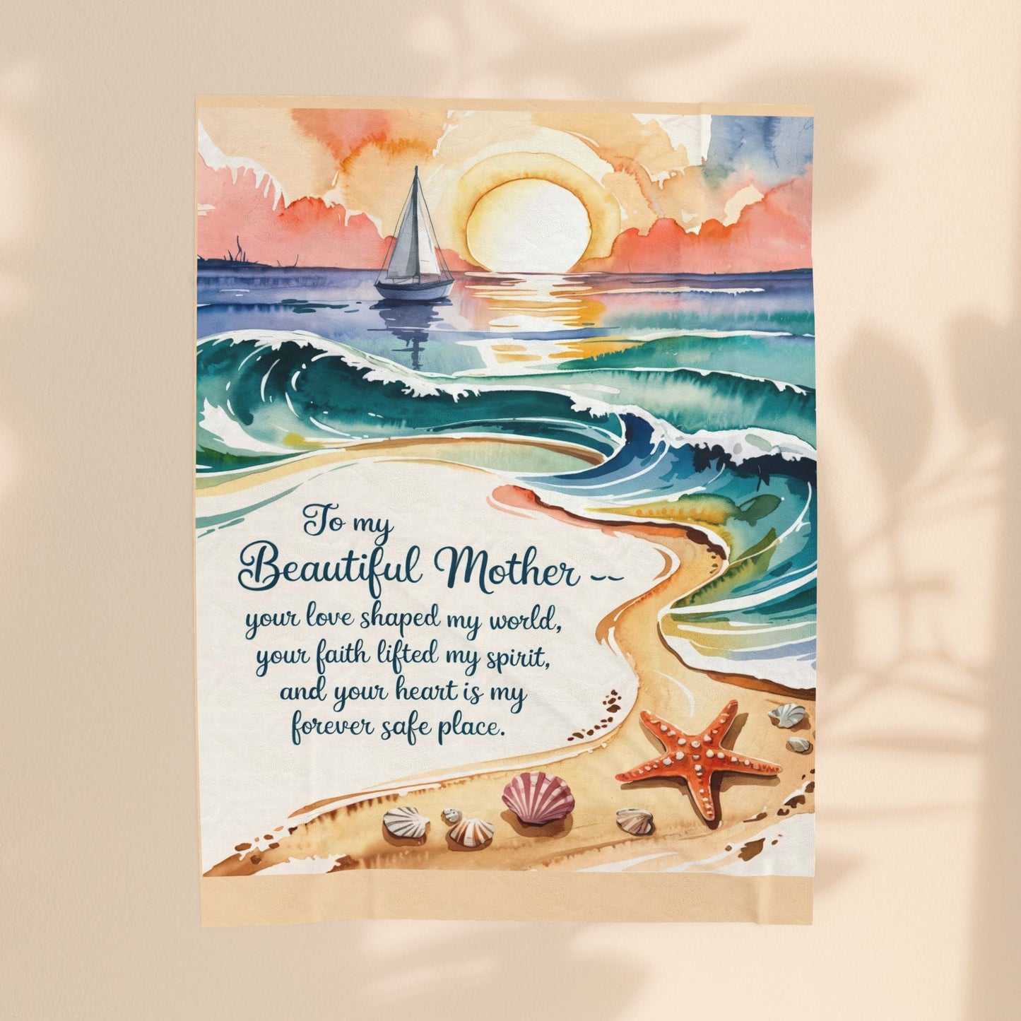To My Beautiful Mother Velveteen Plush Blanket – Ocean Sunset Watercolour Beach Scene | Your Love Shaped My World | 3 Sizes | Gift for Mom