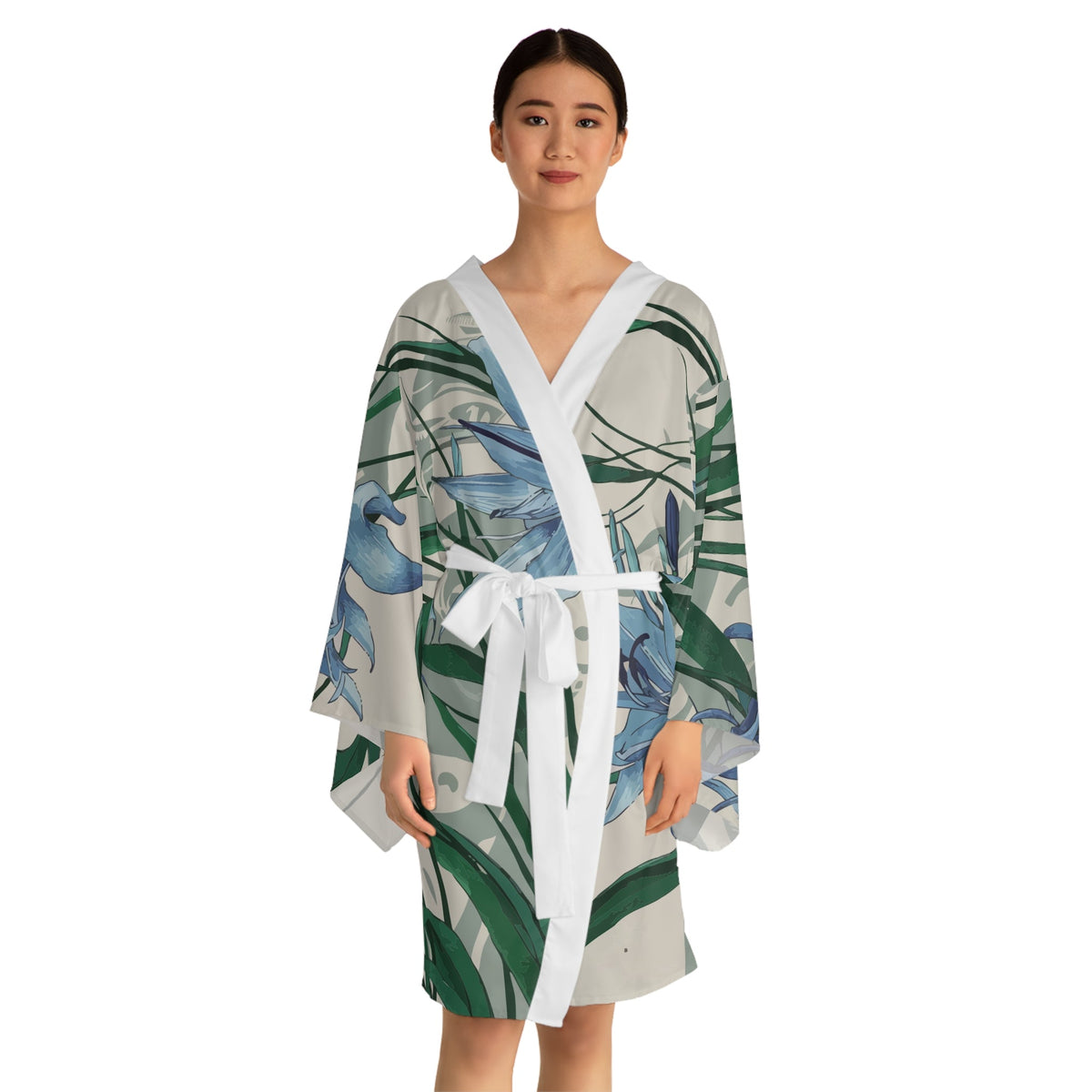 African Lily Kimono Robe - Long Sleeve Floral Wrap Cover-Up with Flowing Fit, Smooth Lightweight 100% Polyester, XS to 2XL