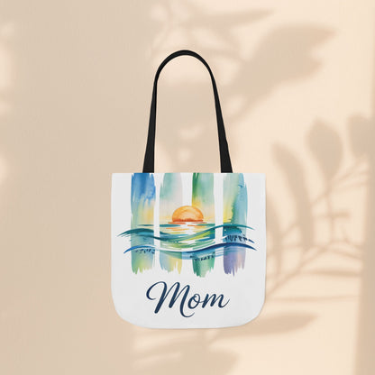 Mom Ocean Sunset Canvas Tote Bag – Watercolour Triptych Design | Polyester Canvas | 3 Sizes × 5 Strap Colours | Gift for Mom