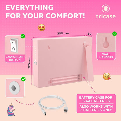 Pink light box with battery case, cable, and wall hangers for mounting