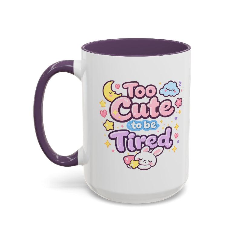 Kawaii bunny mug, white ceramic with purple rim and handle; colorful sleeping bunny text design
