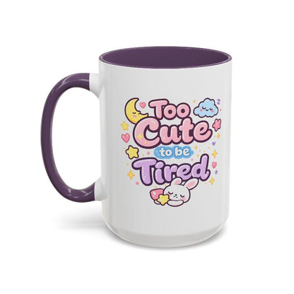 Kawaii bunny mug, white ceramic with purple rim and handle; colorful sleeping bunny text design