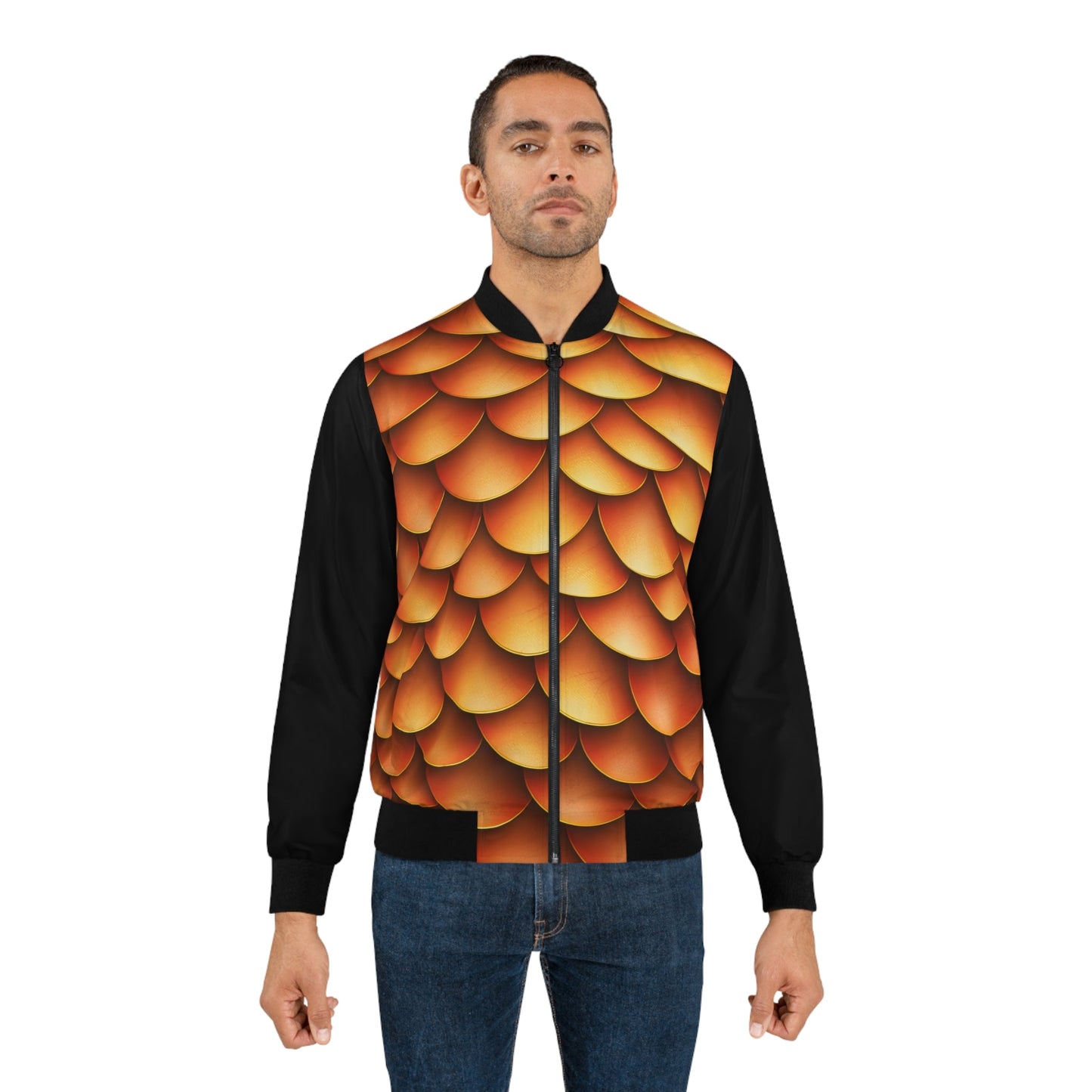 Golden Dragon Scale Bomber Jacket - Amber Gold Scale Print with Black Sleeves, Fantasy Streetwear for Men and Women XS to 3XL