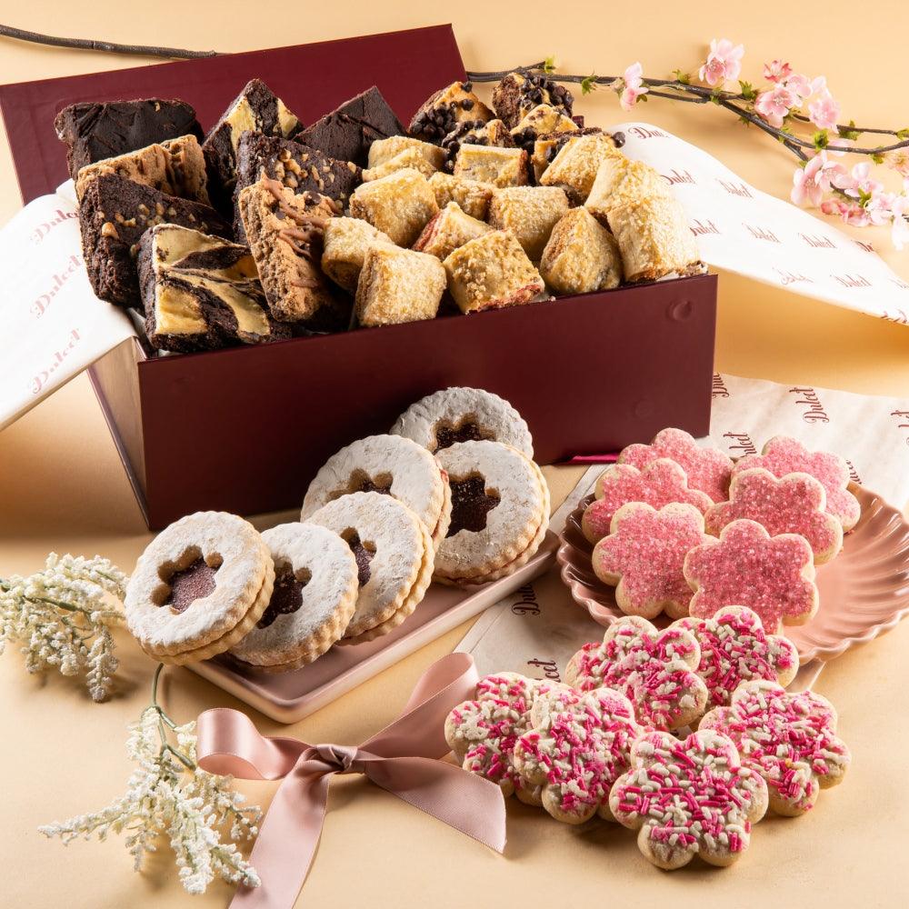Classic Mother’s Day gift box with assorted cookies in a burgundy open tray