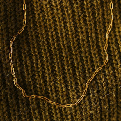 Gold-filled paperclip chain necklace shown in a curved shape.