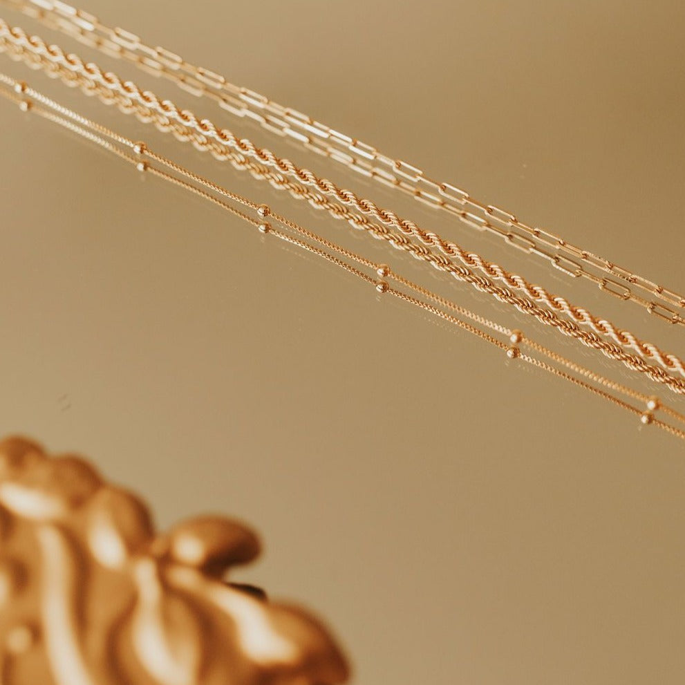 Gold-filled rope necklace shown alongside fine chain styles.