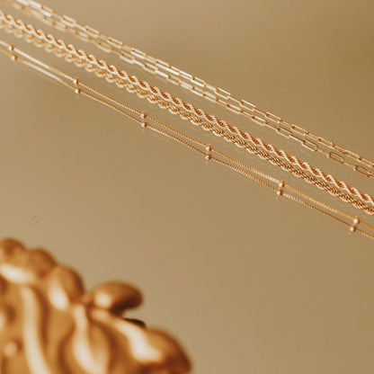 Gold-filled rope necklace shown alongside fine chain styles.