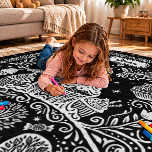 Kids coloring a black-and-white doodle blanket with fabric markers on a floor