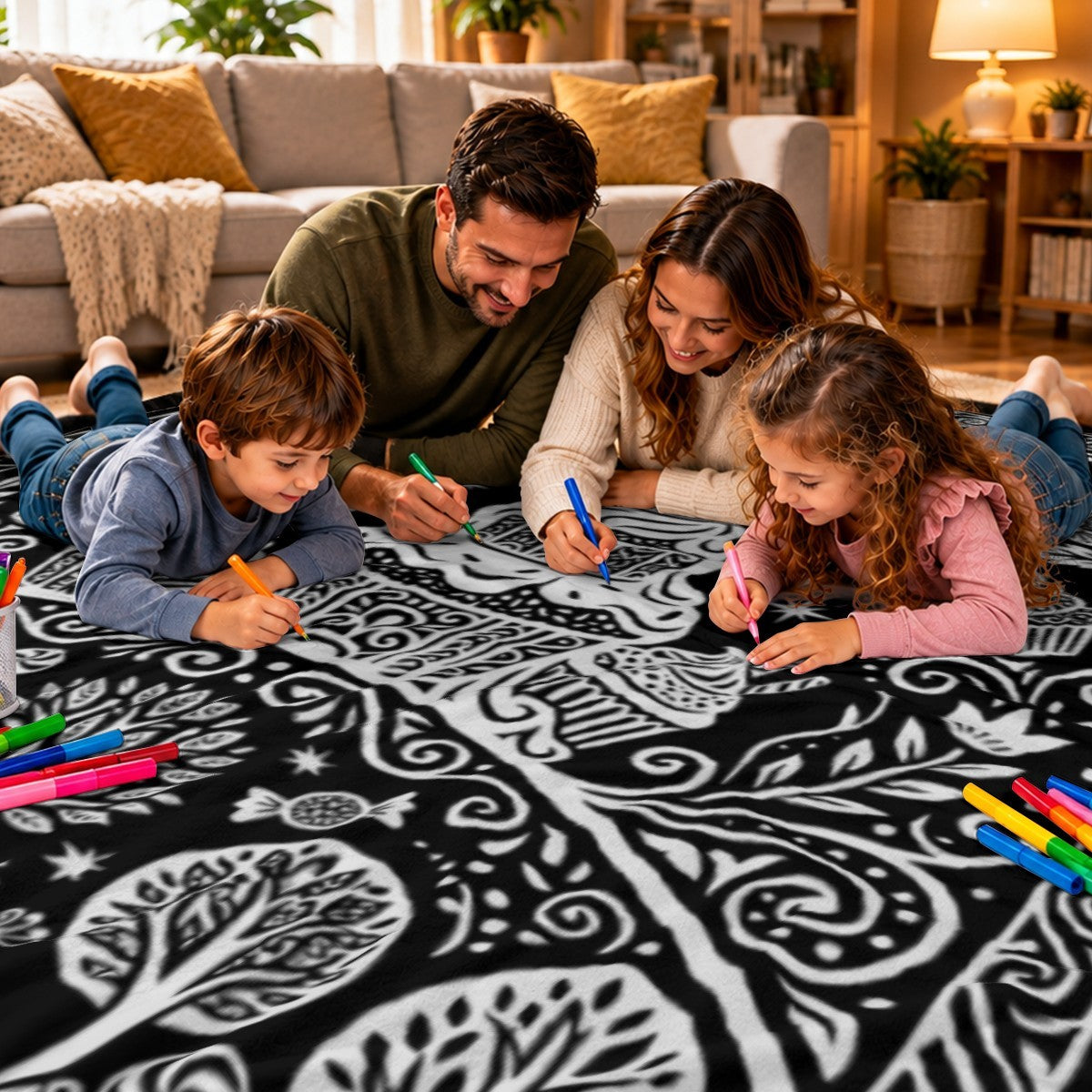 Family coloring a black-and-white doodle blanket together using fabric markers