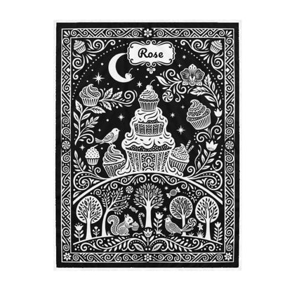Coloring blanket panel with white cupcake tier, moon, birds, and swirling garden outlines