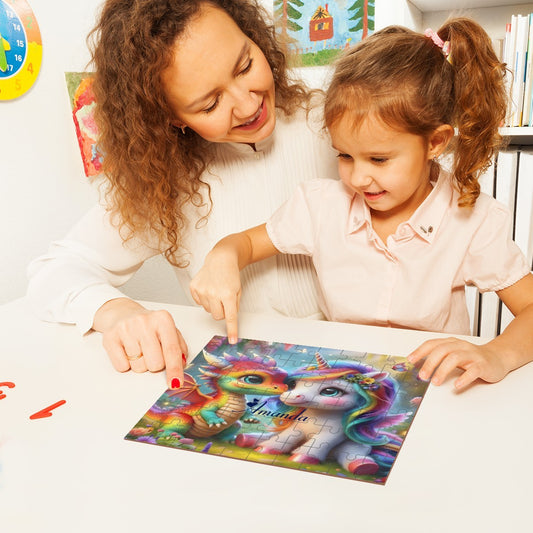 Colorful wooden jigsaw puzzle being assembled by two children with unicorn and dragon art