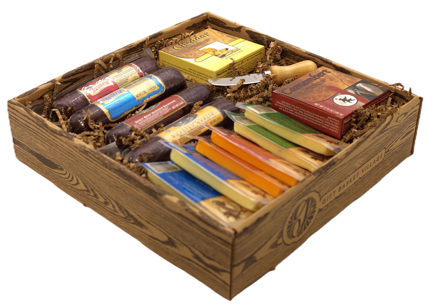 Wood gift basket with cheeses, sausages, and assorted packaged snacks