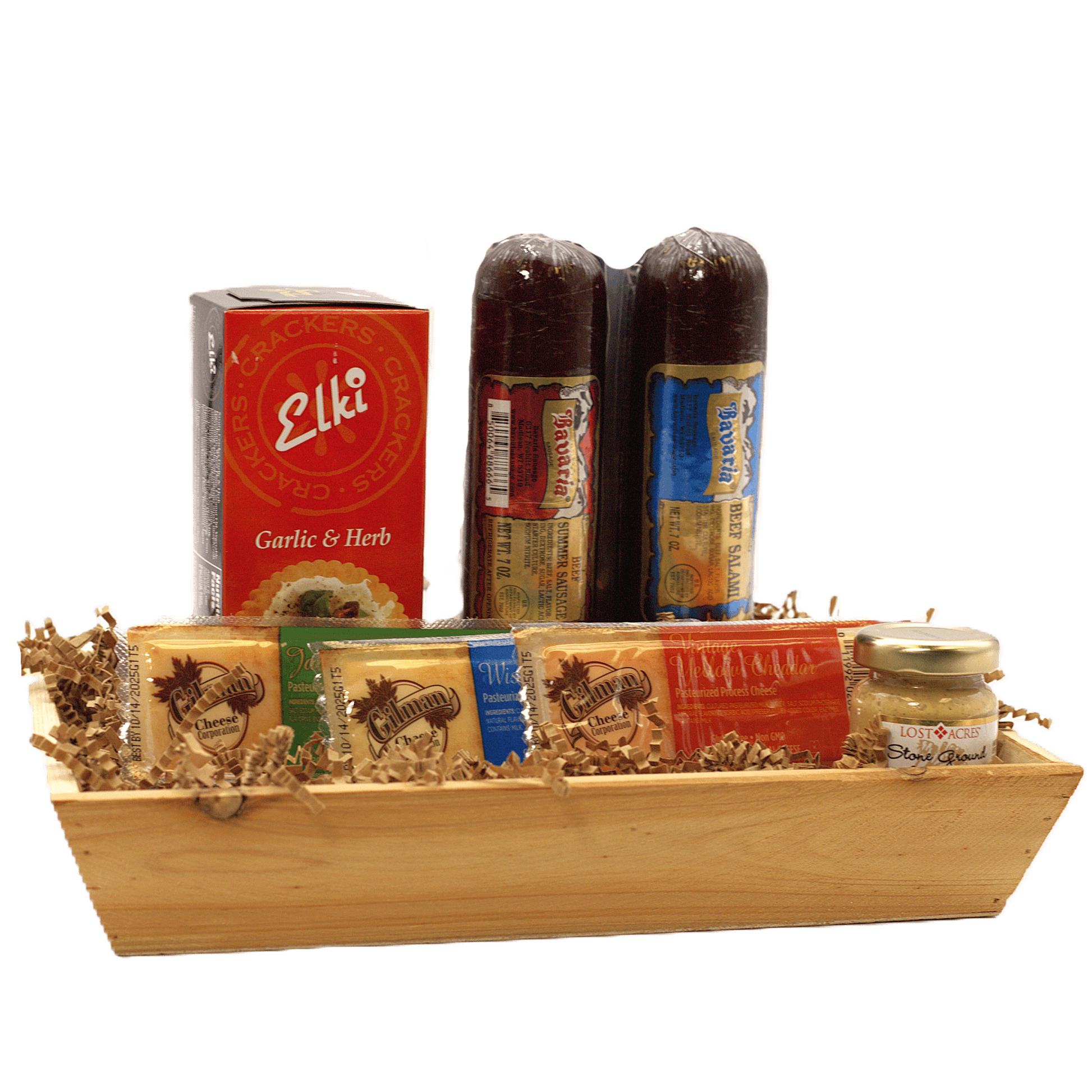 Rustic wooden gift crate with garlic herb crackers, salami bottles, and cheese items
