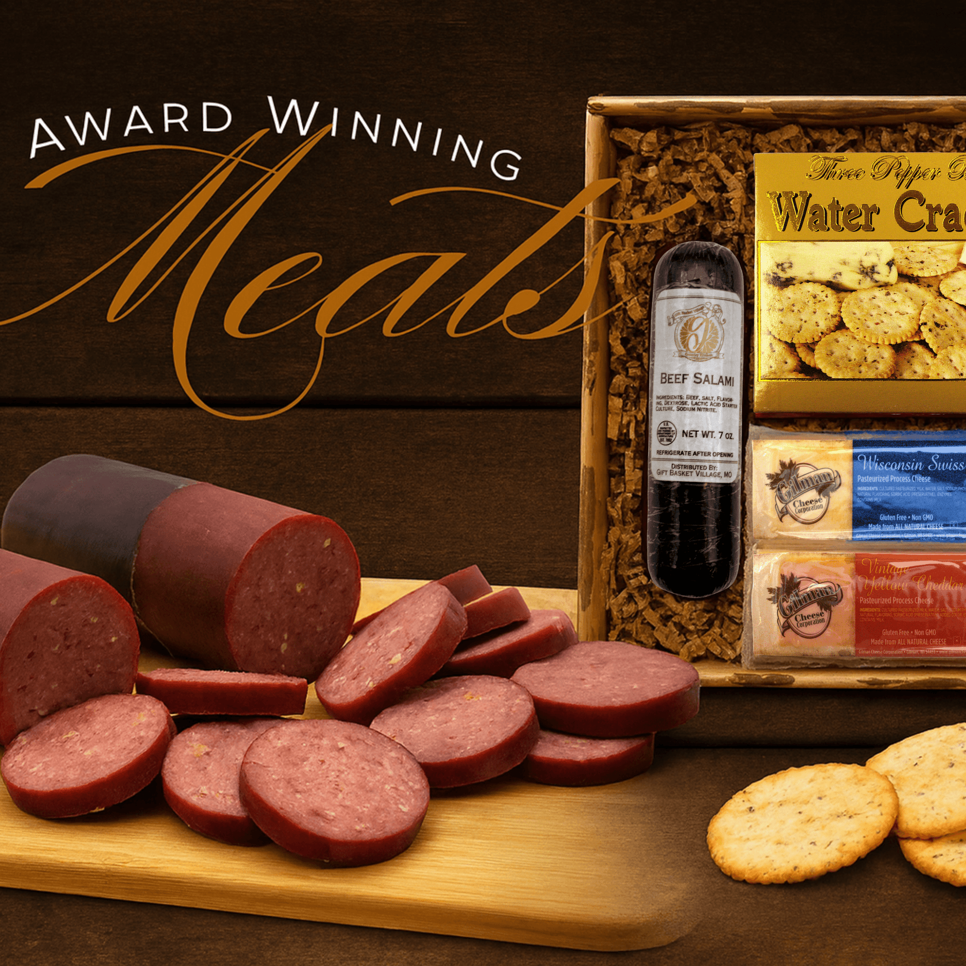 Beef salami and sausage slices with water crackers beside a gift basket