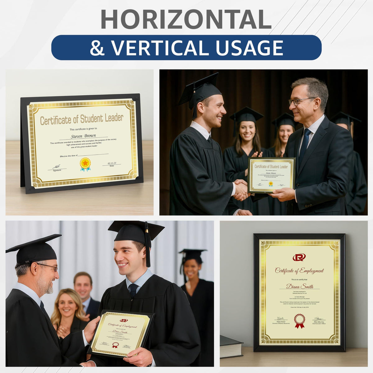 Gold-bordered certificate paper shown for horizontal and vertical use