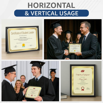 Gold-bordered certificate paper shown for horizontal and vertical use