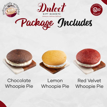 Whoopie pie package includes chocolate, lemon, and red velvet pies