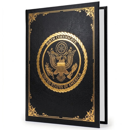 Black faux leather birth certificate holder with gold foil-embossed seal front