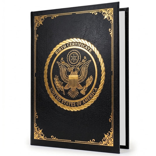 Black faux leather birth certificate holder with gold foil-embossed seal front