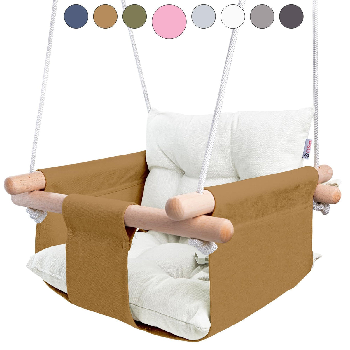 Canvas baby swing chair with tan canvas, white cushions, and wooden hanging dowels