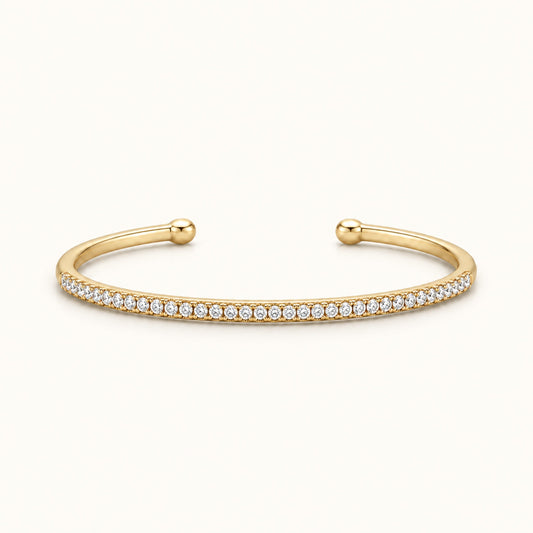 Gold filled thin pavé cuff bracelet with round end caps