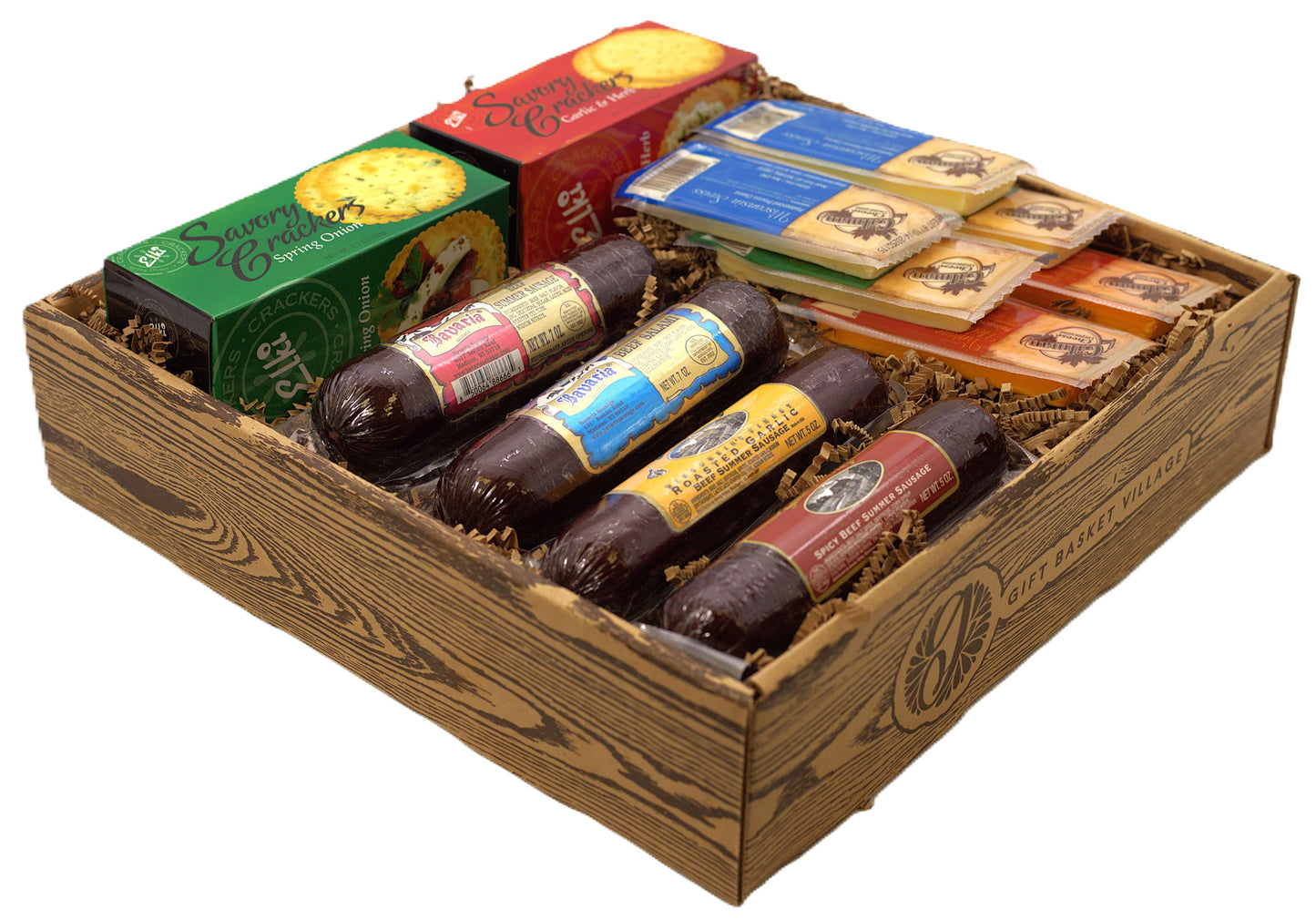 Charcuterie gift crate with salami rolls, crackers, and cheese wedges in an open wooden box