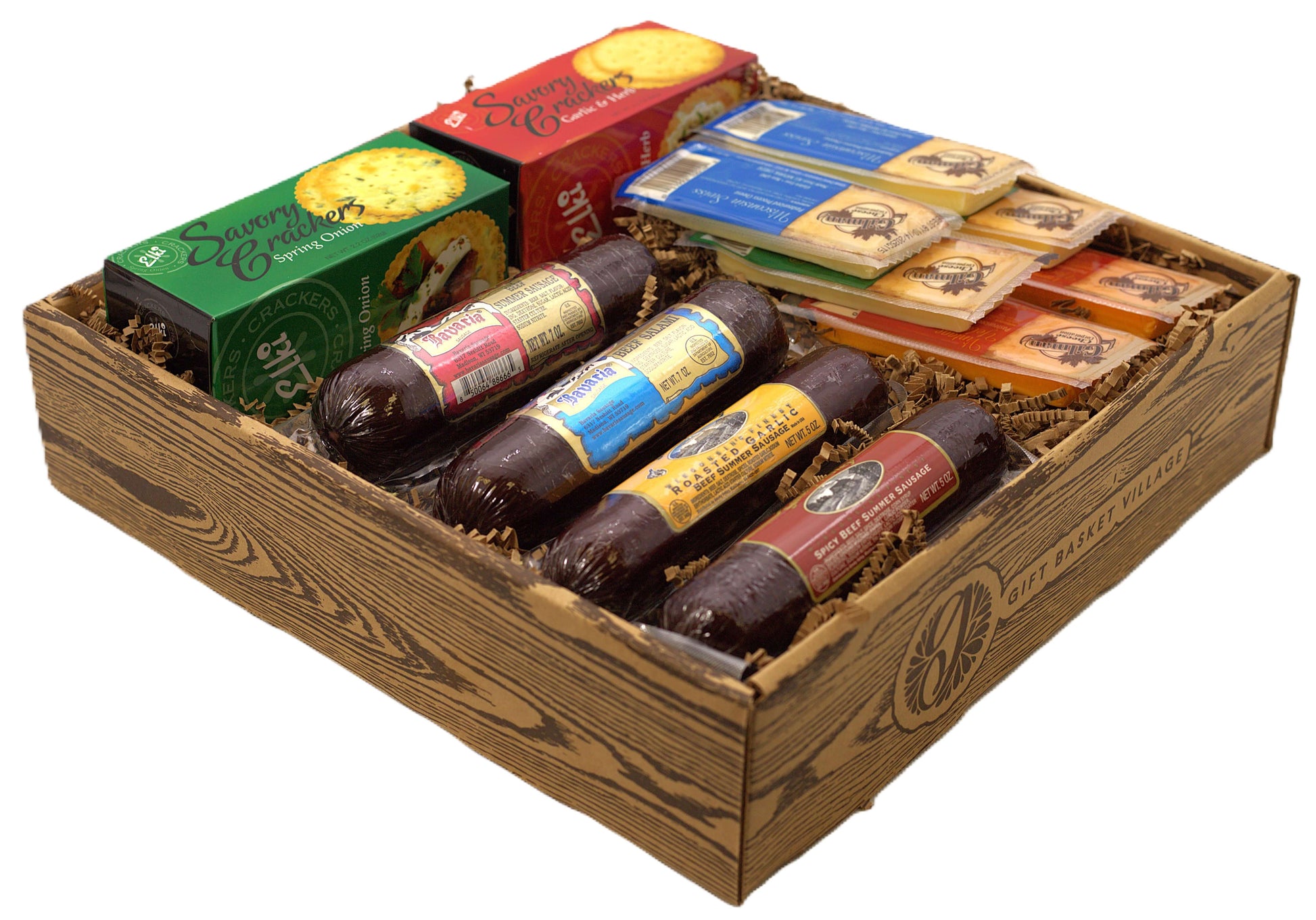 Charcuterie gift crate with salami rolls, crackers, and cheese wedges in an open wooden box