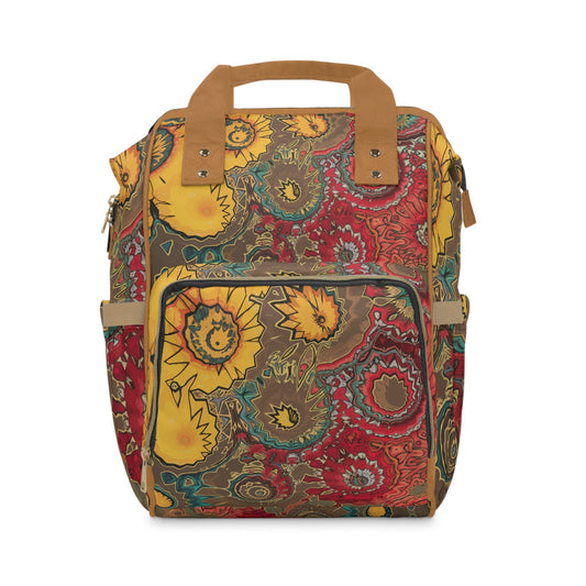 Boho Sunflower & Paisley Diaper Backpack – Warm Earth Tones Psychedelic Print | Cognac Handles | Large Capacity Nappy Bag | Bohemian Baby Shower Gift