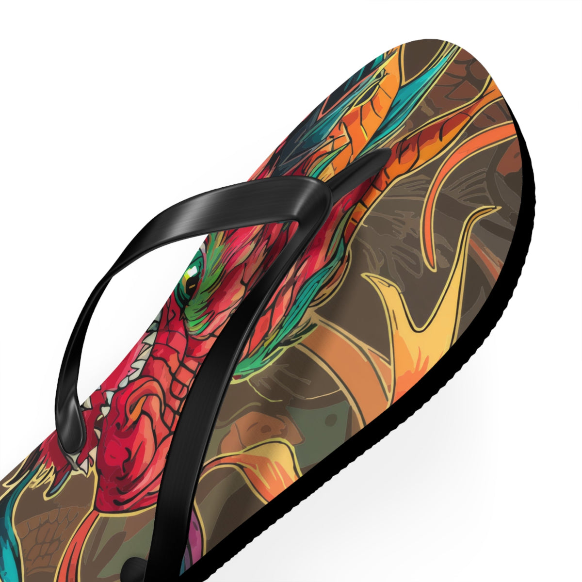 Dragon graphic flip-flops with black straps and black sole