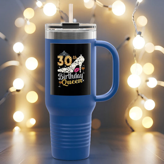 Dark blue insulated travel mug tumbler with handle, clear lid, straw, and birthday queen design