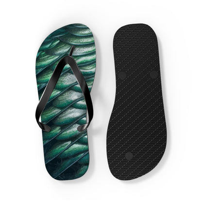 Pair of green scale-pattern flip-flops with black top straps and textured black sole