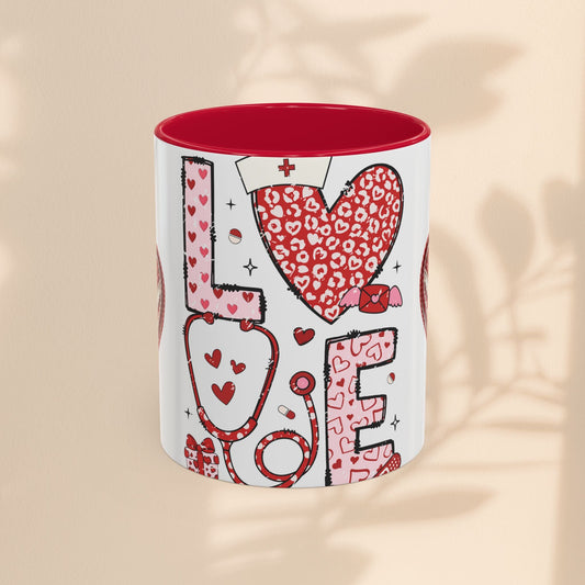 Love Nurses ceramic mug with red interior, white body, and red heart nurse collage design.