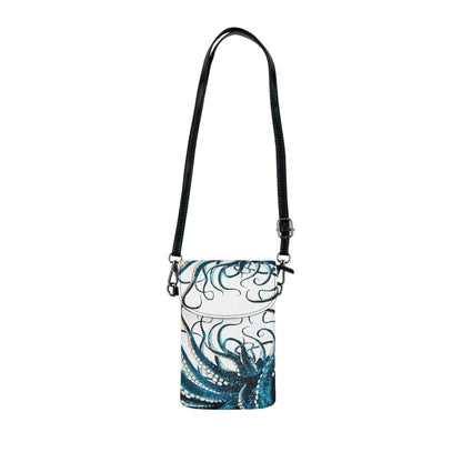 Octopus Tentacle Crossbody Phone Bag – Dark Teal & White Ink Art | Microfiber Leather | Card Slots & Cash Pocket | Compact Shoulder Wallet Bag | Ocean Gift for Her