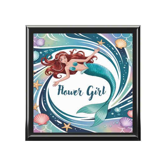 Mermaid Flower Girl Jewelry Box – Illustrated Mermaid ‘Flower Girl’ Keepsake Box | Rubberwood | Ebony Black, Golden Oak or Red Mahogany | Beach Wedding Bridal Gift