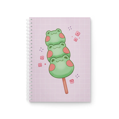Square spiral notebook with lilac grid cover and green frog dango popsicle graphic