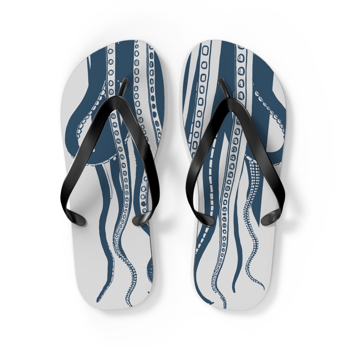 Two-view blue octopus print flip-flops with black straps and white footbeds