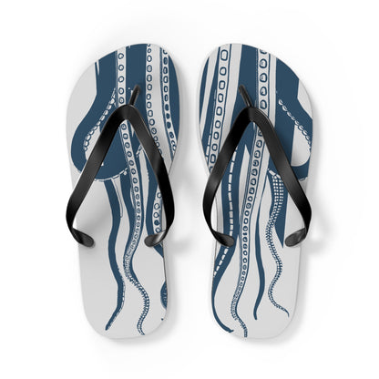 Two-view blue octopus print flip-flops with black straps and white footbeds