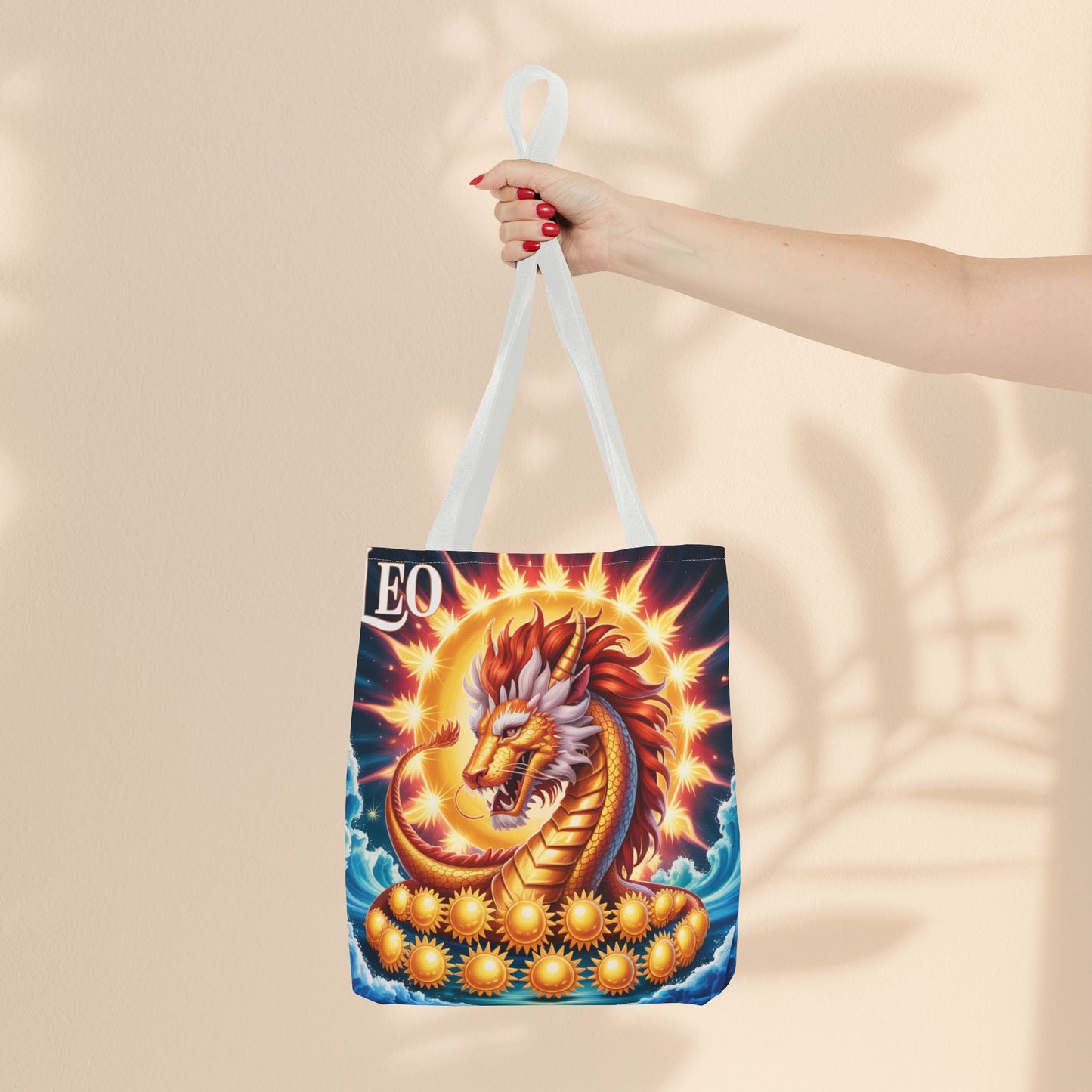 Leo Zodiac Tote Bag – Golden Dragon Sun Celestial Art | 3 Sizes | 5 Handle Colours | Leo Birthday Gift & Astrology Bag