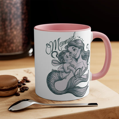 Mermaid Mama Accent Mug – Mother & Baby Mermaid Illustration | Pink Accent | 11oz & 15oz | Mermaid Mom Gift