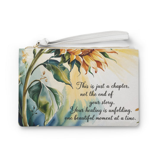 Sunflower Inspirational Clutch Bag - Healing Quote Wristlet in Saffiano PU Leather, Positive Sunflower Gift for Her, Encouragement Purse
