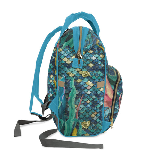 Deep Sea Mermaid Scale Diaper Backpack – Iridescent Teal & Gold Scales with Flowing Seaweed | Insulated Bottle Pockets | Large Capacity Nappy Bag | Baby Shower Gift