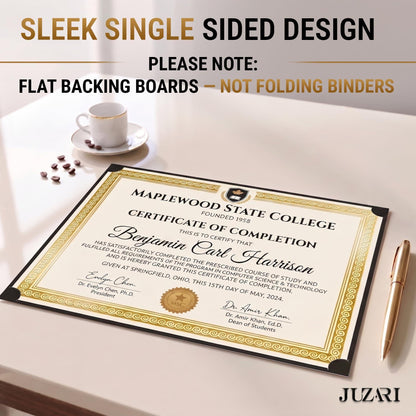 Black single-sided certificate holder with gold foil border, certificate insert visible