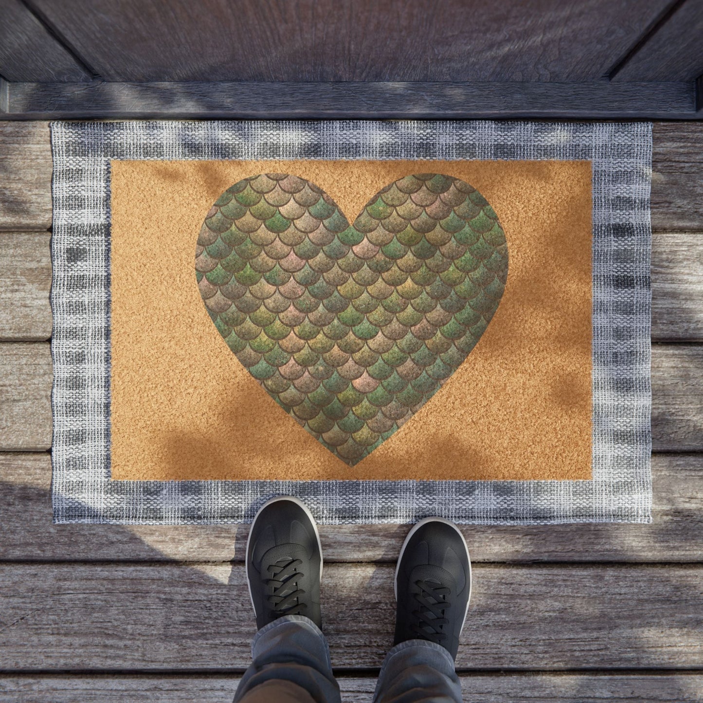 Mermaid Heart Doormat – Iridescent Teal Gold Scale Heart on Natural Coir | 24” × 16” | Non-Slip Vinyl Back | Coastal Ocean Entryway Home Decor Gift