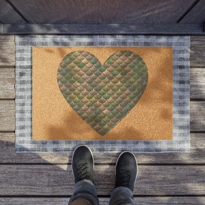 Mermaid Heart Doormat – Iridescent Teal Gold Scale Heart on Natural Coir | 24” × 16” | Non-Slip Vinyl Back | Coastal Ocean Entryway Home Decor Gift