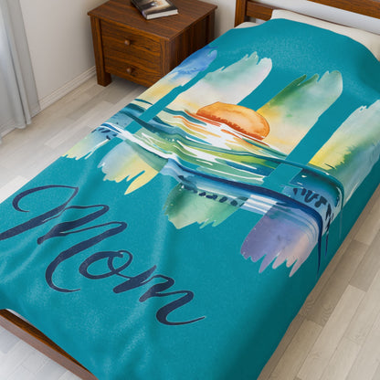 Ocean Loving Mom Velveteen Plush Blanket – Watercolour Sunset Ocean Design | Super Soft Polyester | 3 Sizes | Mother’s Day Gift for Ocean Loving Mom