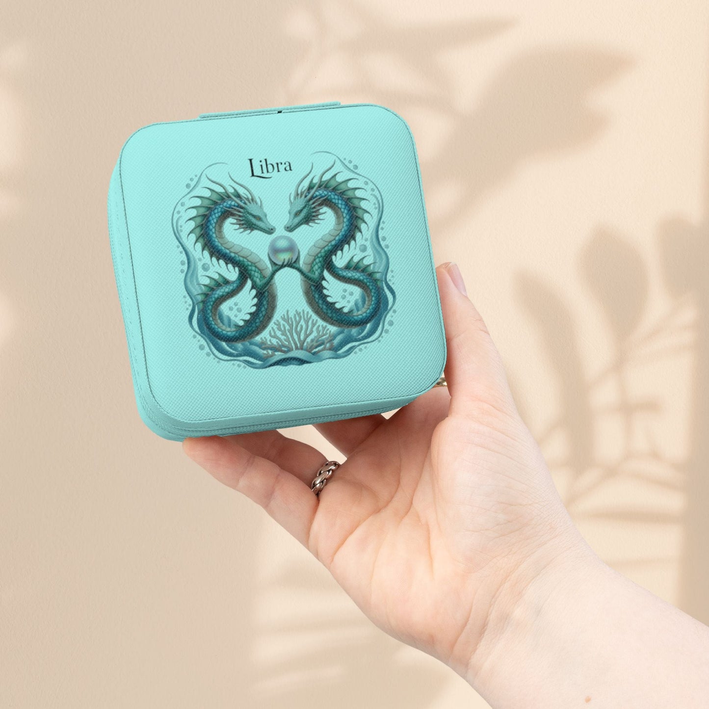 Libra Zodiac Jewelry Travel Case - Dual Sea Dragon and Pearl Design, Compact Zip Jewelry Organizer in Ivory, Pink, Soft Gold, or Tiffany Blue