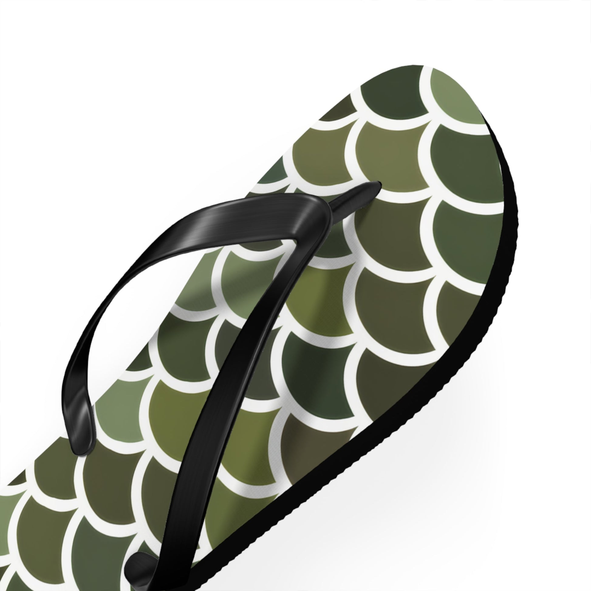 Green scale print flip flops with black thong straps and black sole