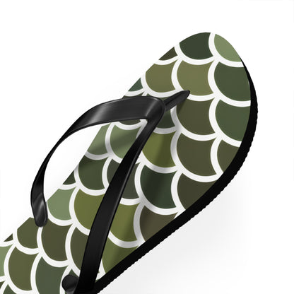 Green scale print flip flops with black thong straps and black sole