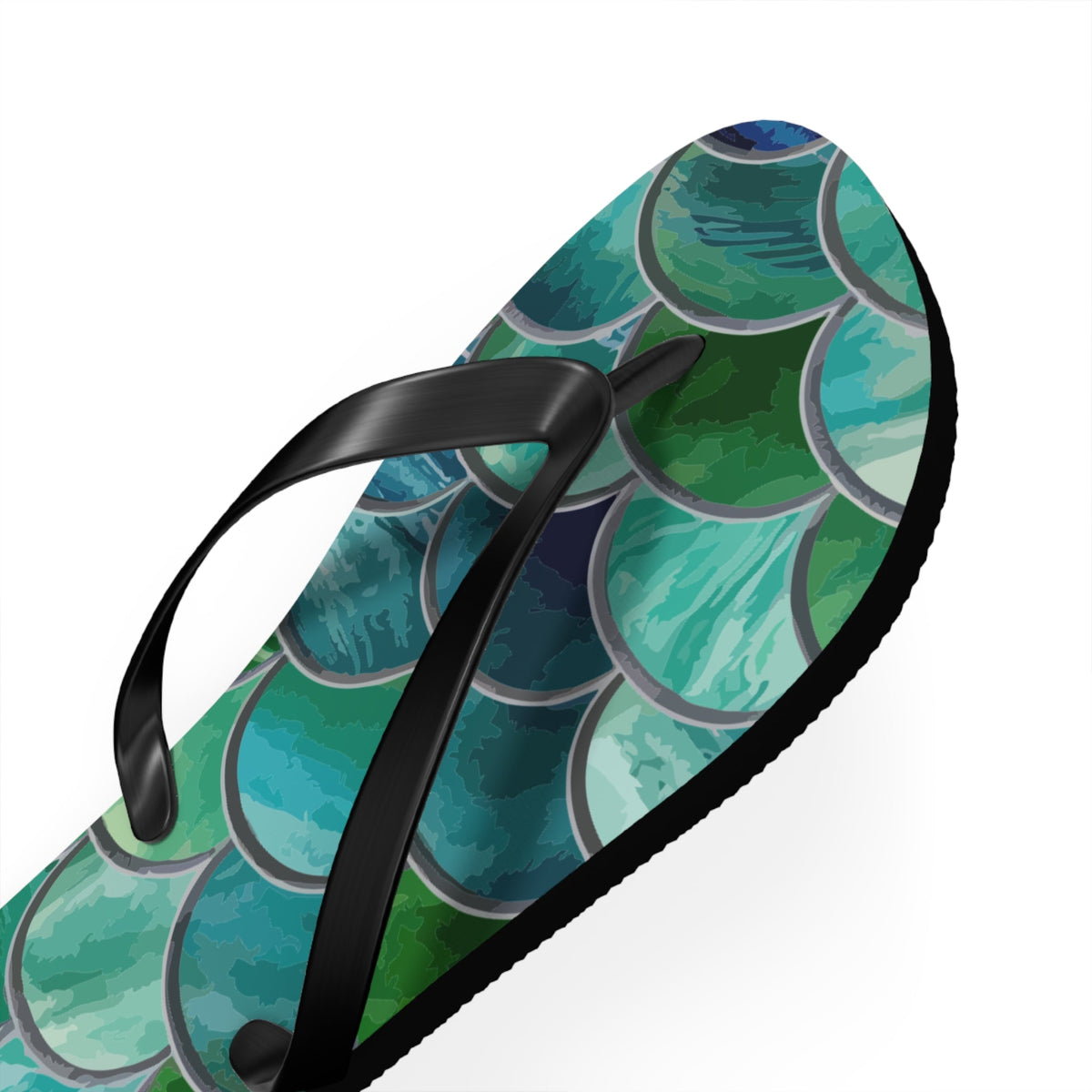 Mermaid-scale flip-flop with black thong strap and patterned footbed, black textured edge
