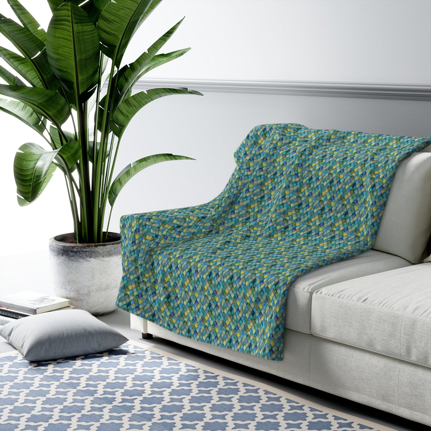 Mermaid Scale Sherpa Fleece Blanket – All-Over Teal & Ocean Scale Print | Plush Sherpa Back | 50” × 60” & 60” × 80” | Mermaid Gift